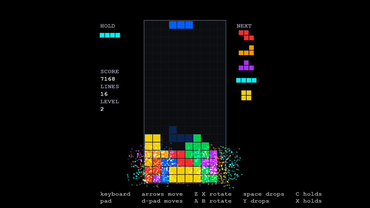 LineSweeper a few frames after clearing four lines: sparks in each block's colour burst sideways out of the well.