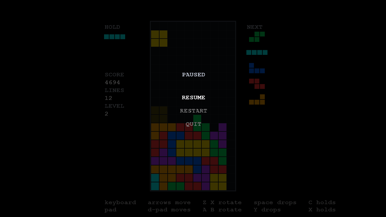 LineSweeper's pause menu: the word PAUSED and three rows, RESUME in white and RESTART and QUIT in grey, over the game darkened behind them.