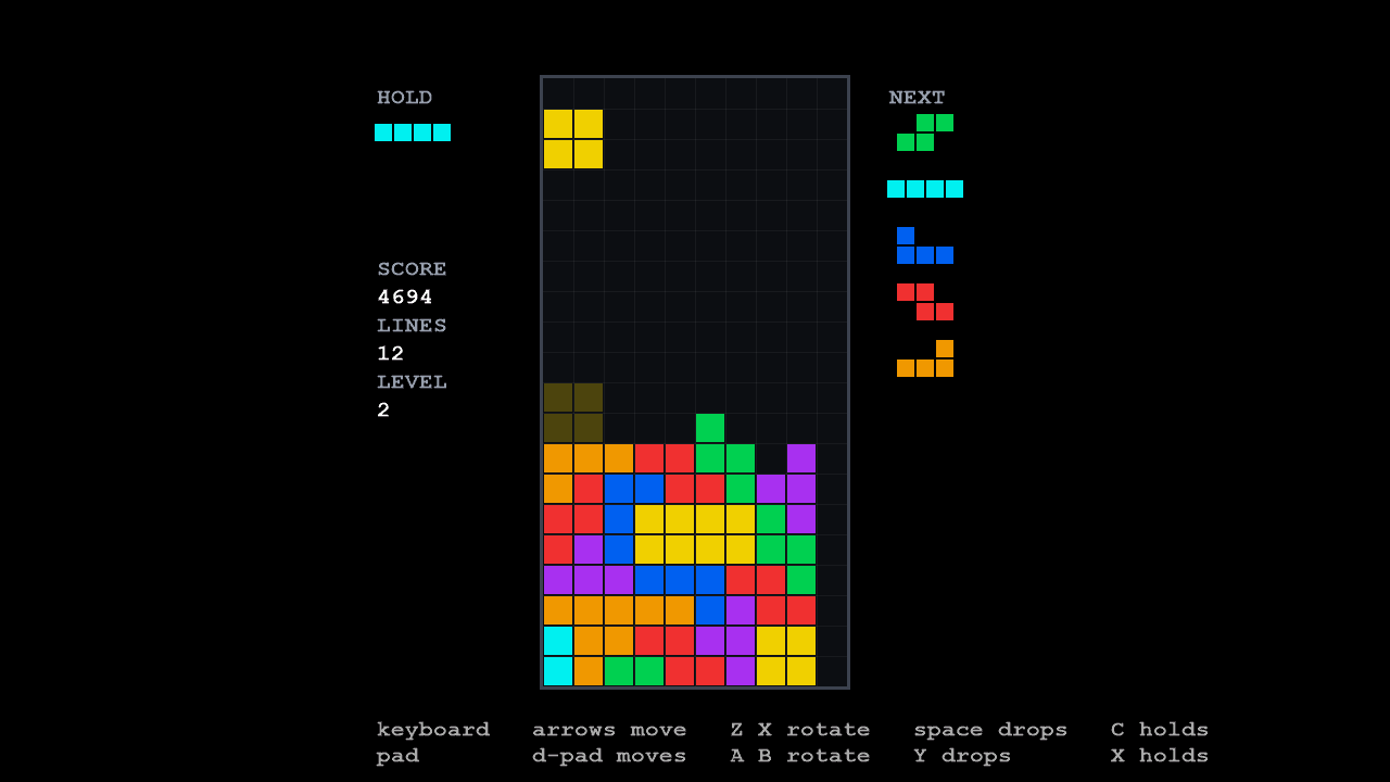 LineSweeper mid-game: a falling-block well two-thirds full of coloured blocks, a hold slot, a queue of five next pieces, and the score, lines and level.